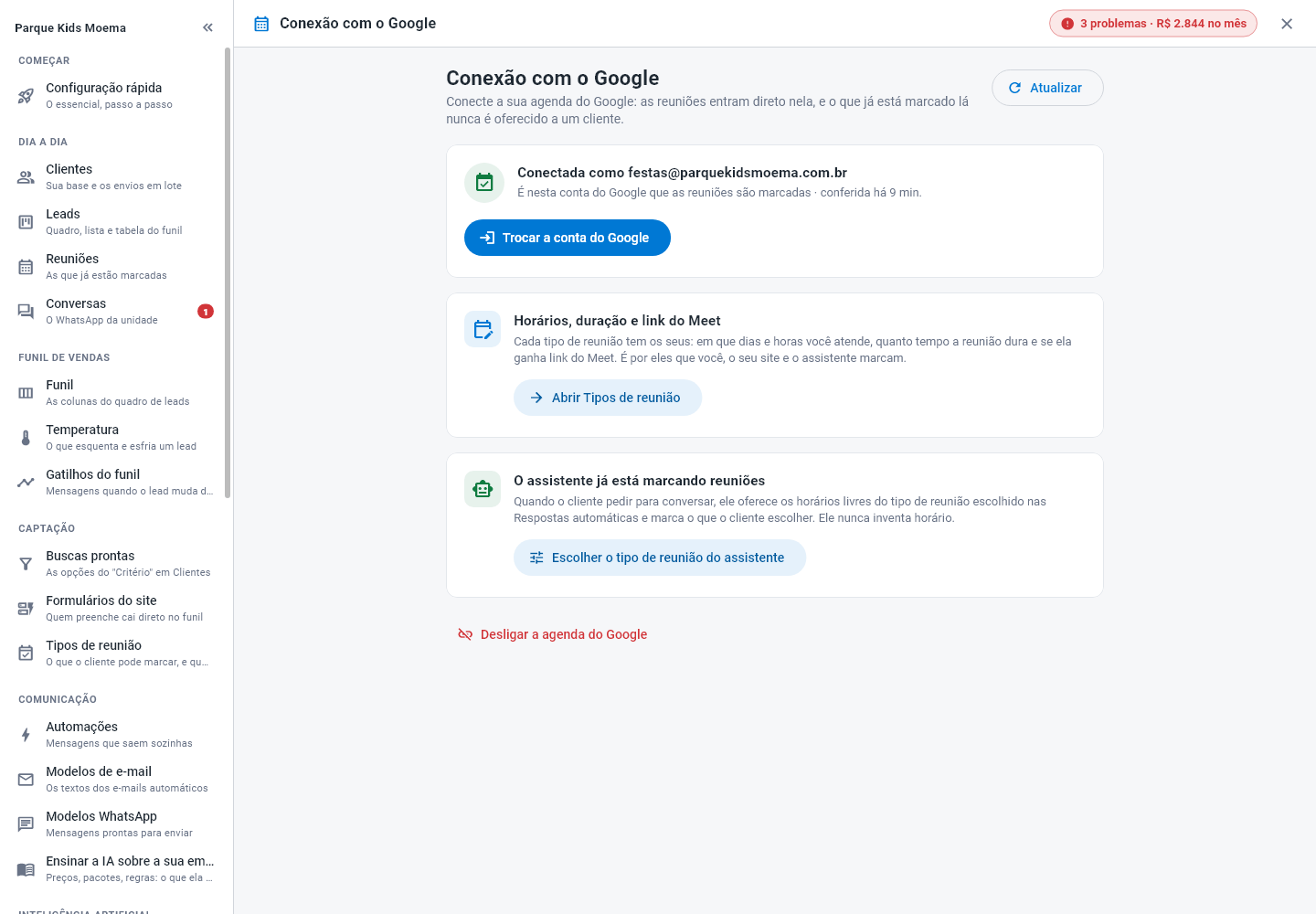 Tela Agenda do Google com a conta conectada, o atalho para os tipos de reunião e o cartão do assistente