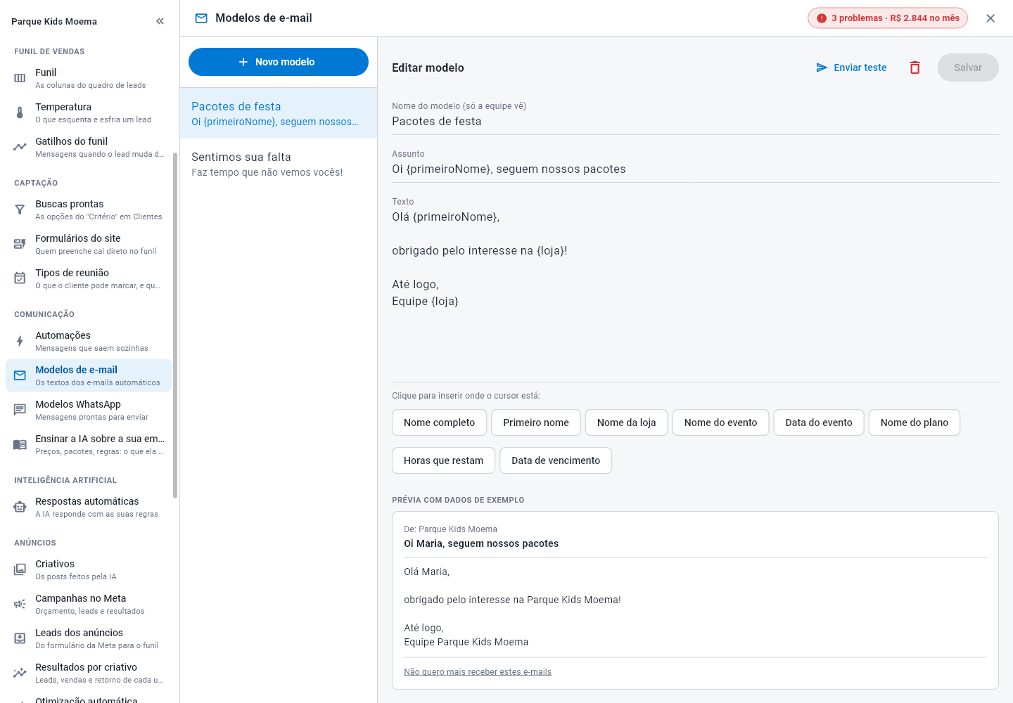 Tela Modelos de e-mail, com a lista de modelos e o editor com assunto, texto e prévia