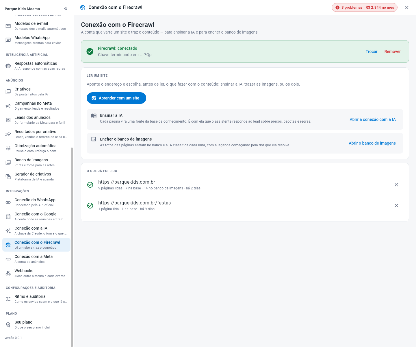 Tela Conexão com o Firecrawl, com a chave cadastrada, o botão Aprender com um site, os dois destinos do conteúdo e a lista do que já foi lido