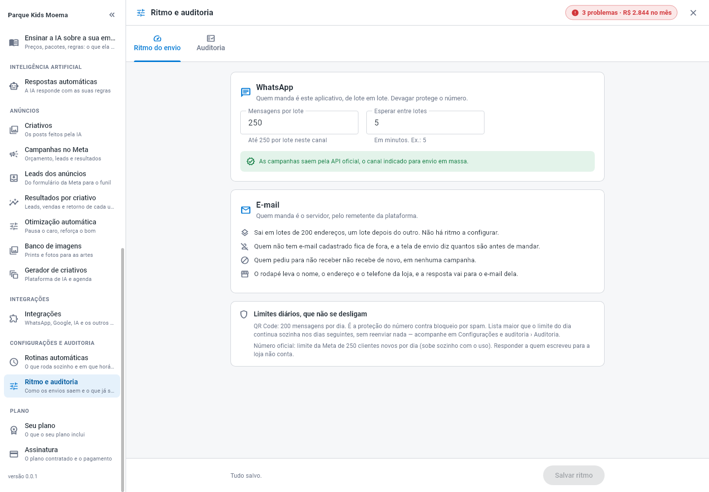 Tela Ritmo do envio, com os cards de WhatsApp, e-mail e limite diário
