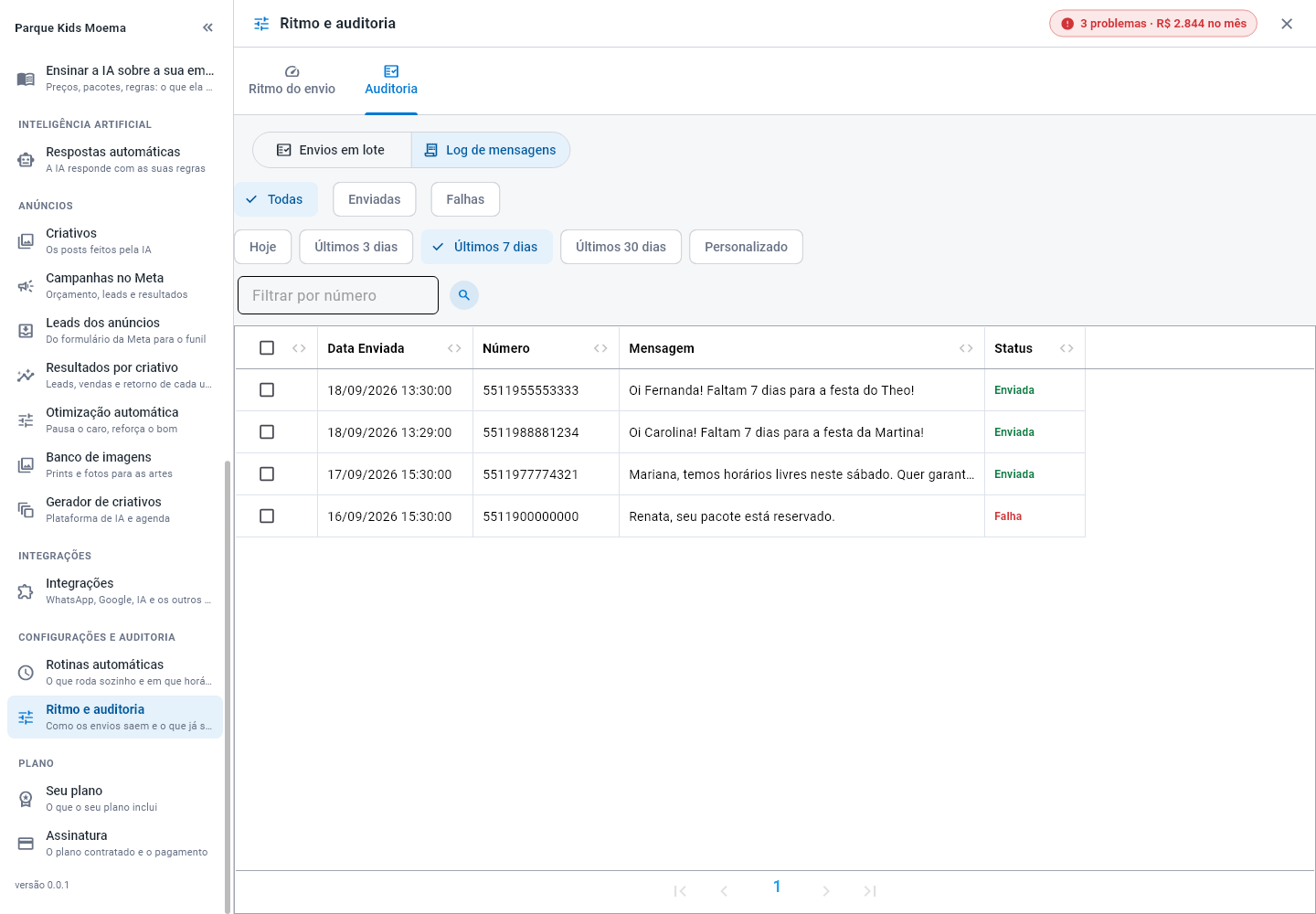 Aba Auditoria de Ritmo e auditoria, na vista Log de mensagens, com os filtros de status e período e a tabela com data, número, mensagem e status