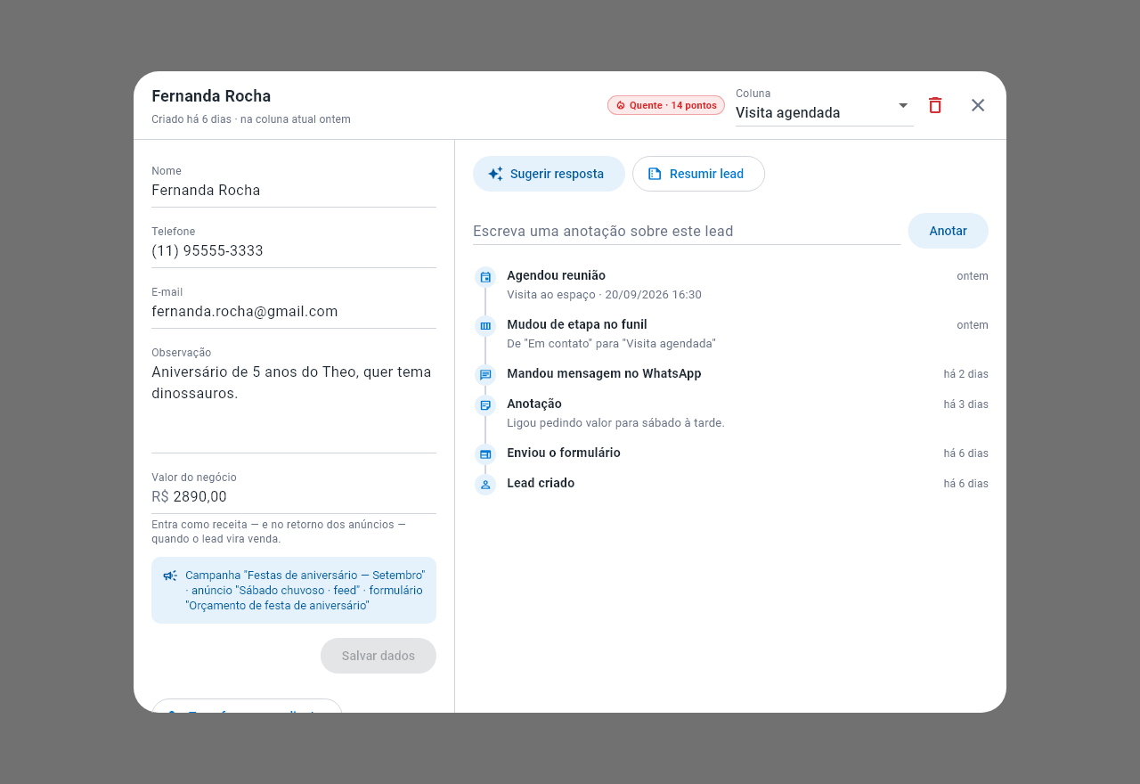 Ficha do lead com os dados e o valor do negócio à esquerda e, à direita, os botões Sugerir resposta e Resumir lead, a anotação e a linha do tempo