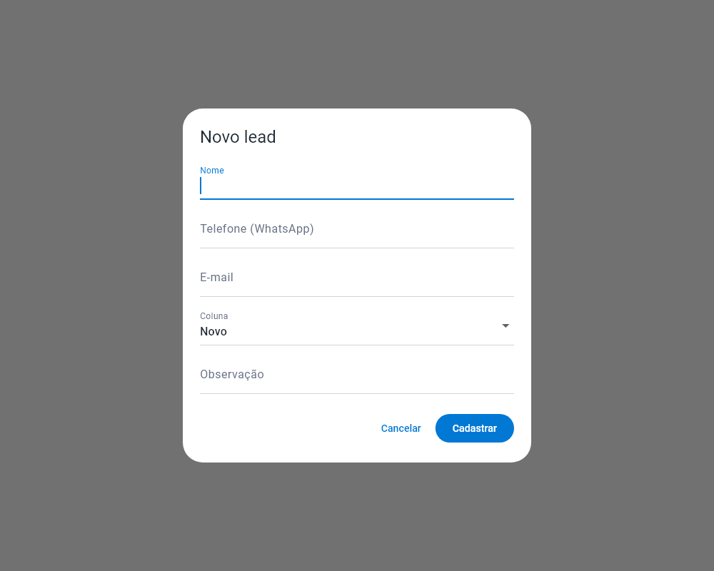 Janela de novo lead com os campos nome, telefone, e-mail, coluna e observação
