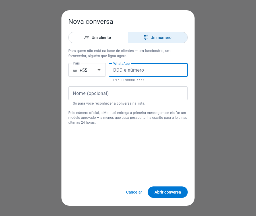 Aba Um número da nova conversa, com os campos País, WhatsApp e Nome opcional