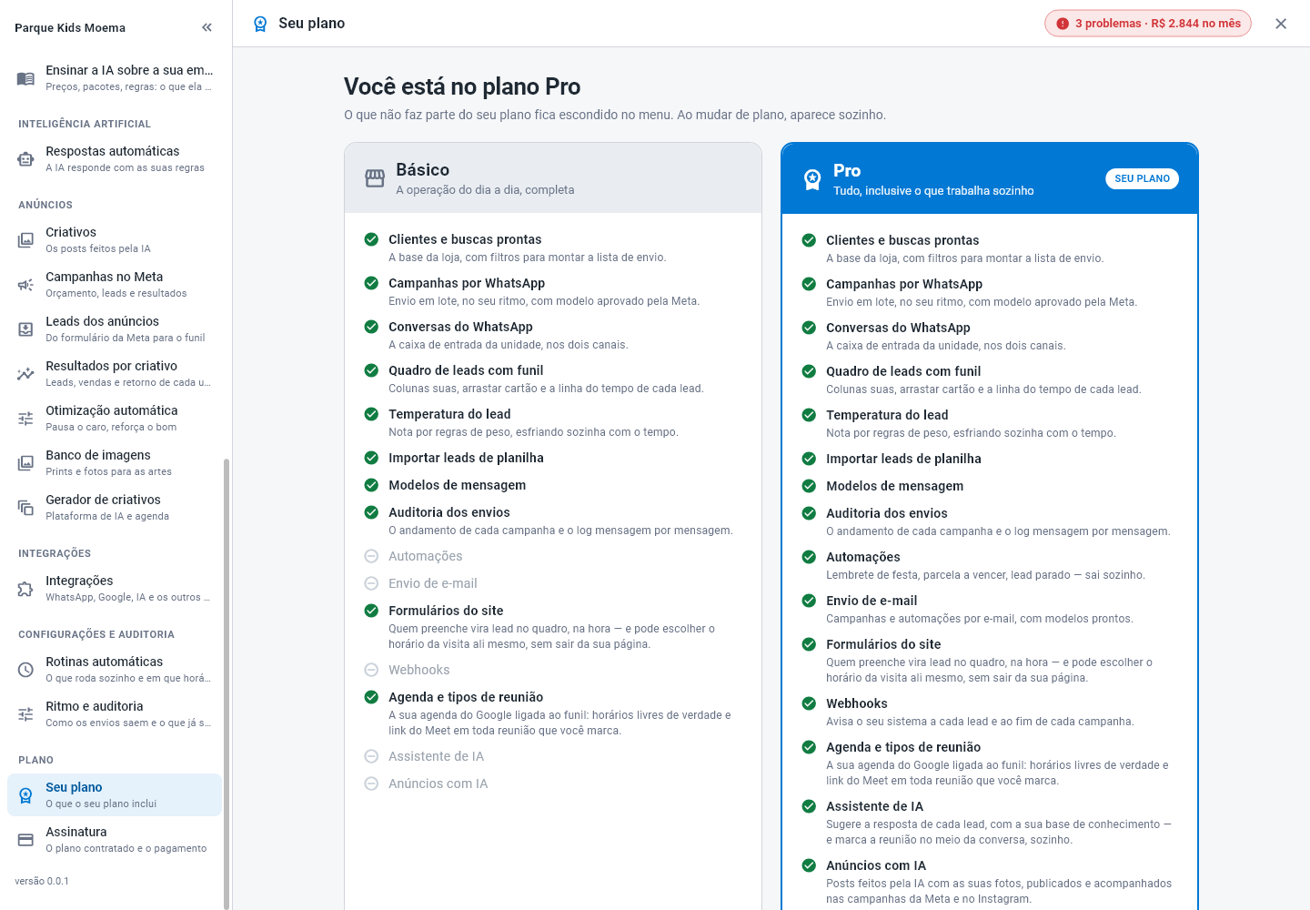 Tela Seu plano com o título Você está no plano Pro, os planos Básico e Pro lado a lado e o selo SEU PLANO no Pro