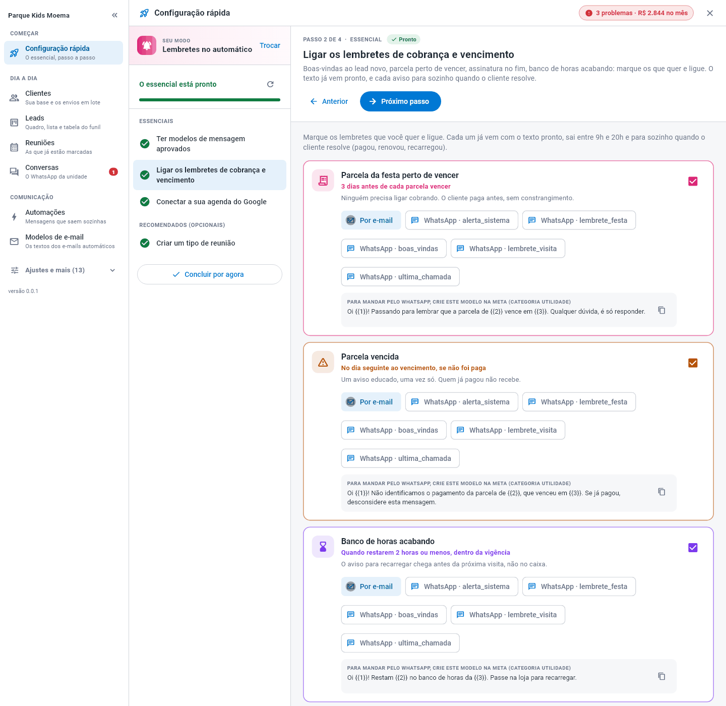 Passo Ligar os lembretes de cobrança e vencimento, com um cartão por lembrete, a escolha do canal e o texto sugerido para o modelo do WhatsApp
