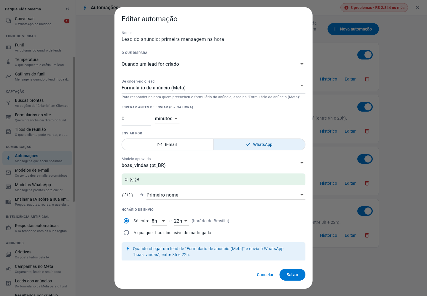 Editar automação com o gatilho Quando um lead for criado, a origem Formulário de anúncio (Meta), o modelo boas_vindas e o horário de envio