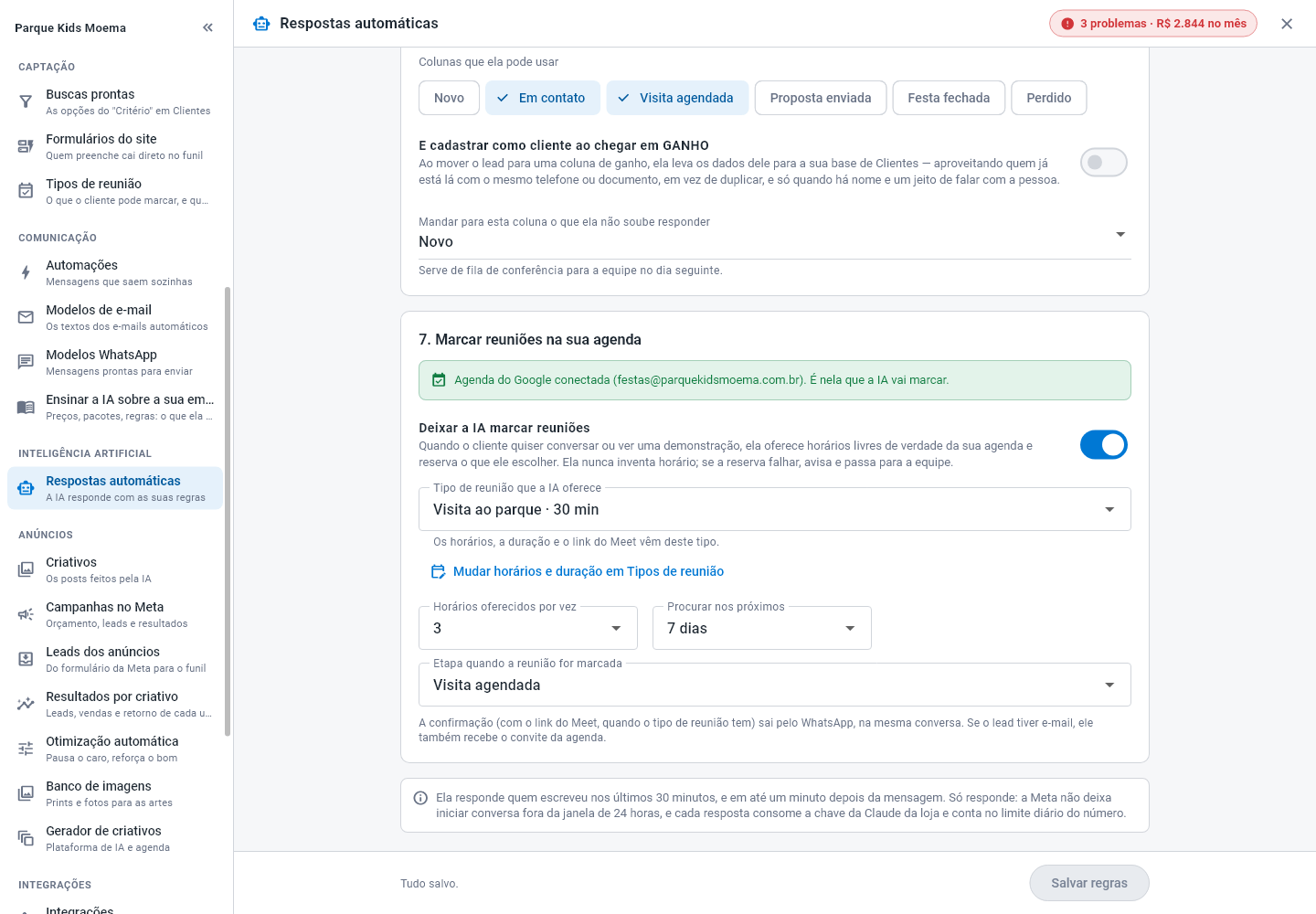 Seção Marcar reuniões na sua agenda, com o aviso da agenda do Google conectada, a chave Deixar a IA marcar reuniões, o tipo de reunião que ela oferece, quantos horários oferecer, quantos dias procurar e a etapa quando a reunião for marcada