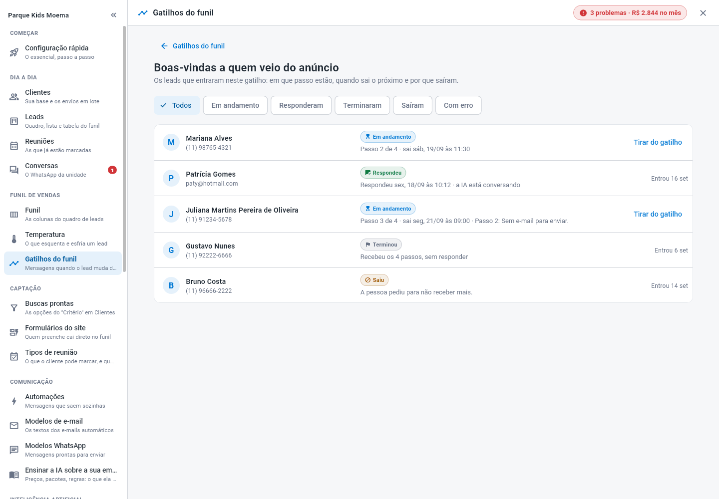 Lista dos leads de um gatilho, com o status de cada um, o passo atual e quando sai o próximo