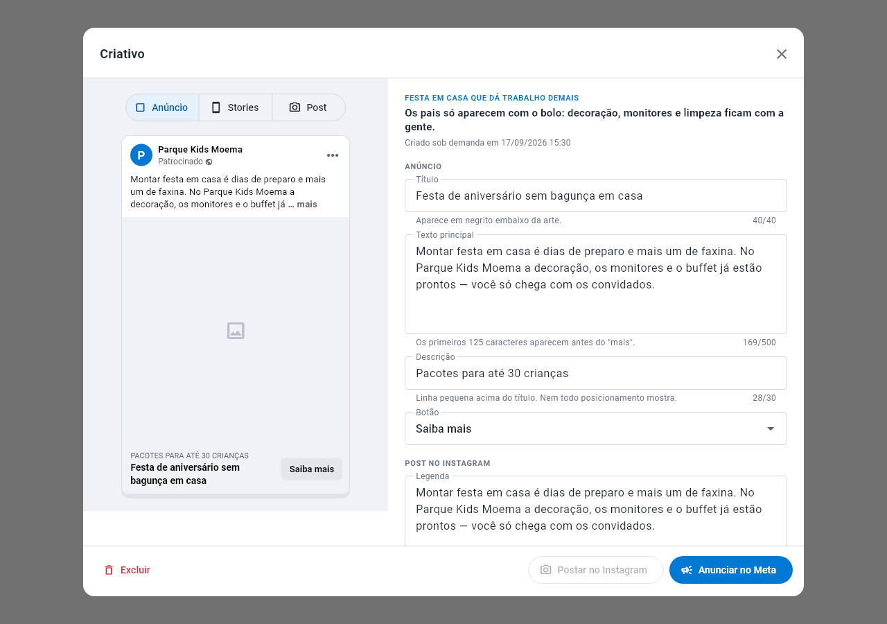 Ficha do criativo com a prévia do anúncio à esquerda e os textos editáveis à direita