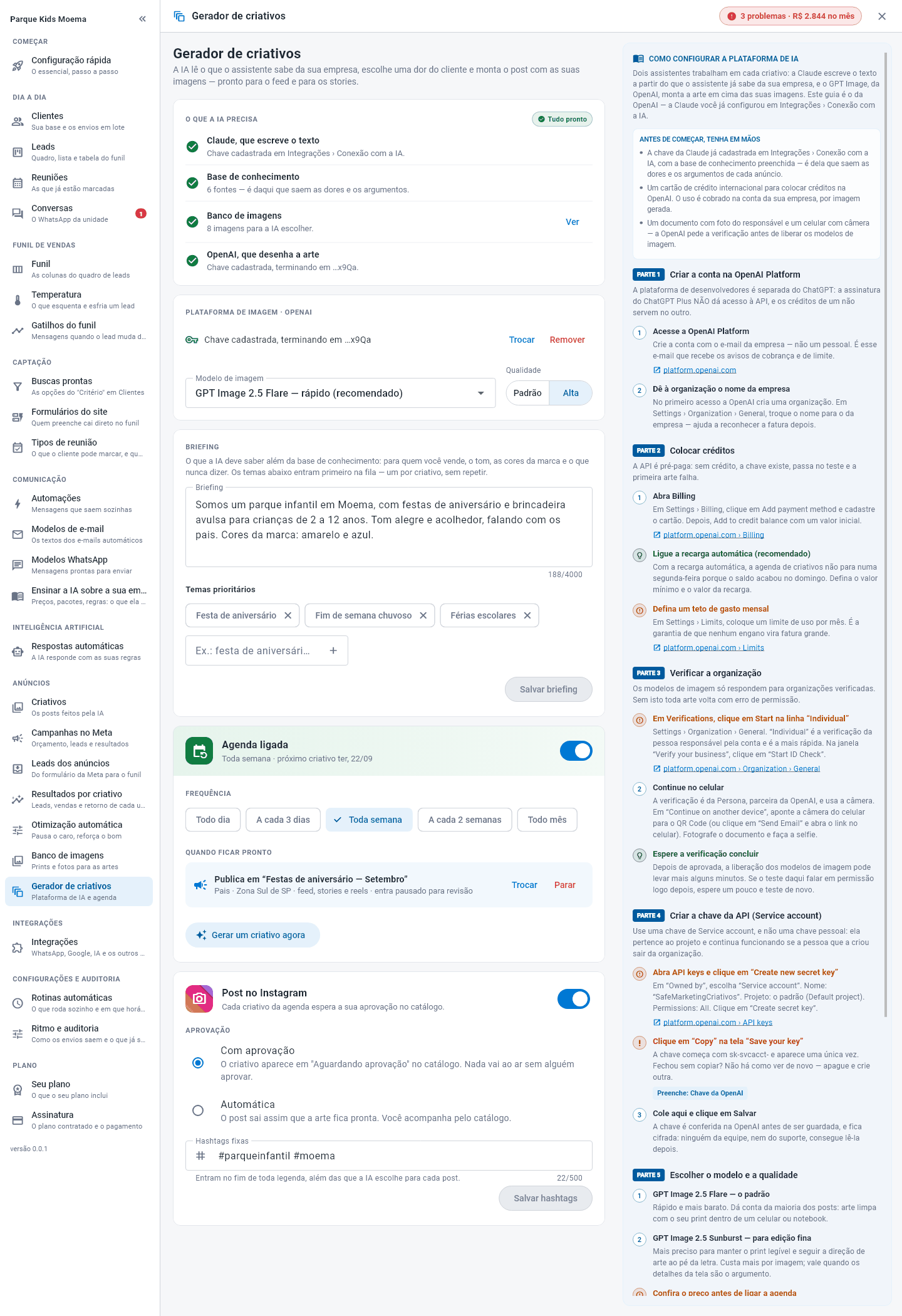 Gerador de criativos com o que a IA precisa, a chave da OpenAI, o briefing, os temas prioritários, a agenda e o guia de configuração