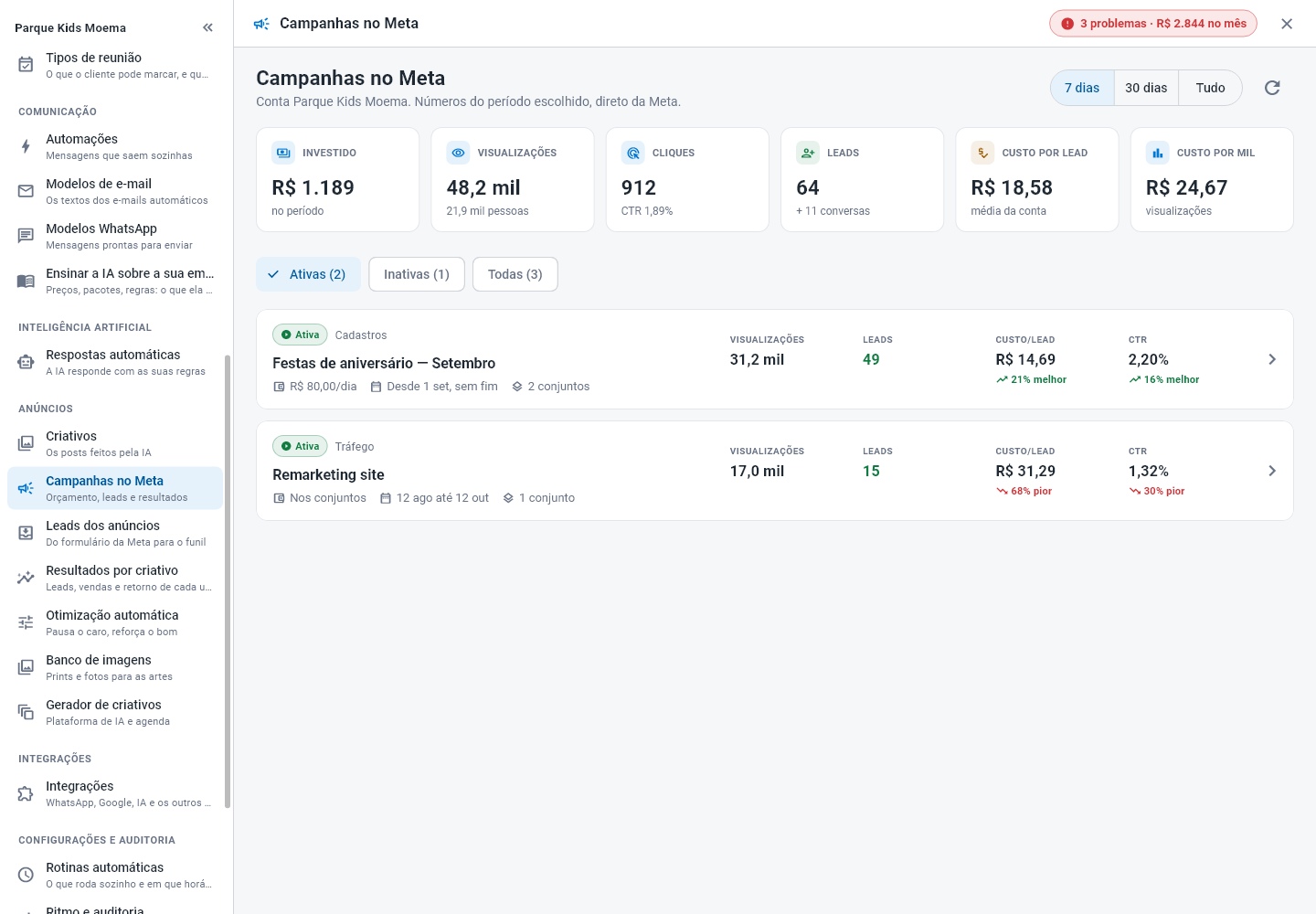 Tela Campanhas no Meta com os números do período e uma linha por campanha, com a comparação com a média da conta