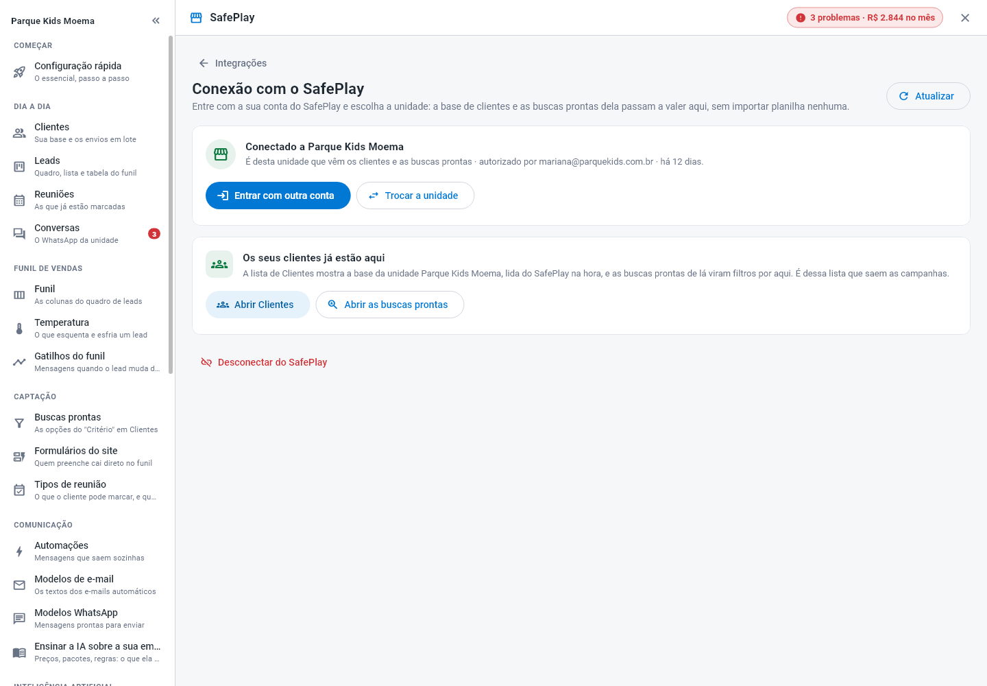 Tela Conexão com o SafePlay mostrando a situação da conexão, os botões de conectar e a explicação do que a conexão traz