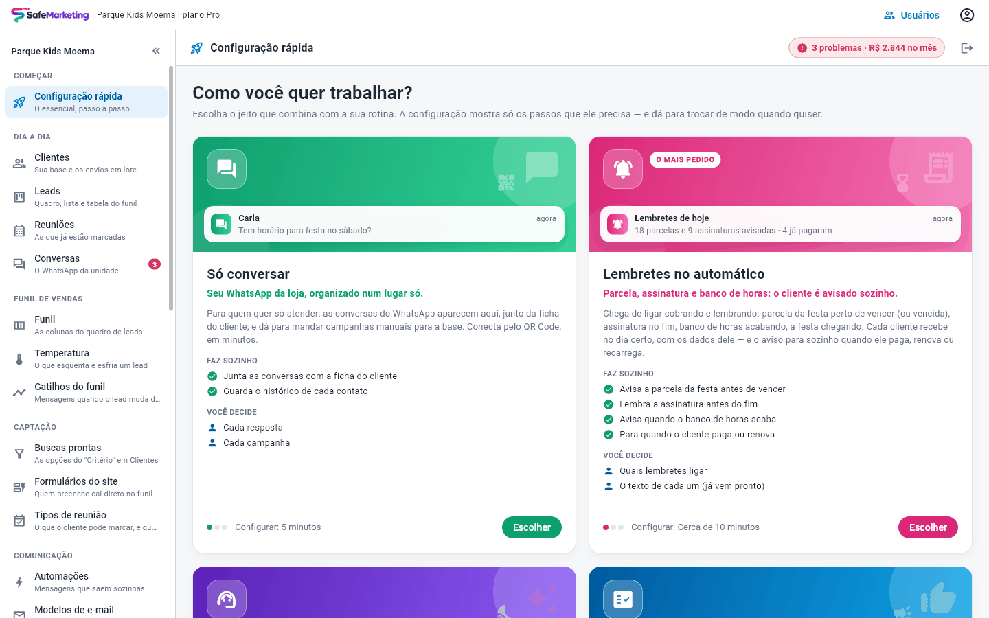 Barra do alto do SafeMarketing, com o nome da empresa e o plano, o botão Usuários e o ícone Minha conta